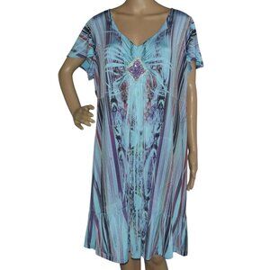 Apt 9 Dress Womens Sz 2X Blue Multicolor Print Beaded Accent V-Neck Short Sleeve